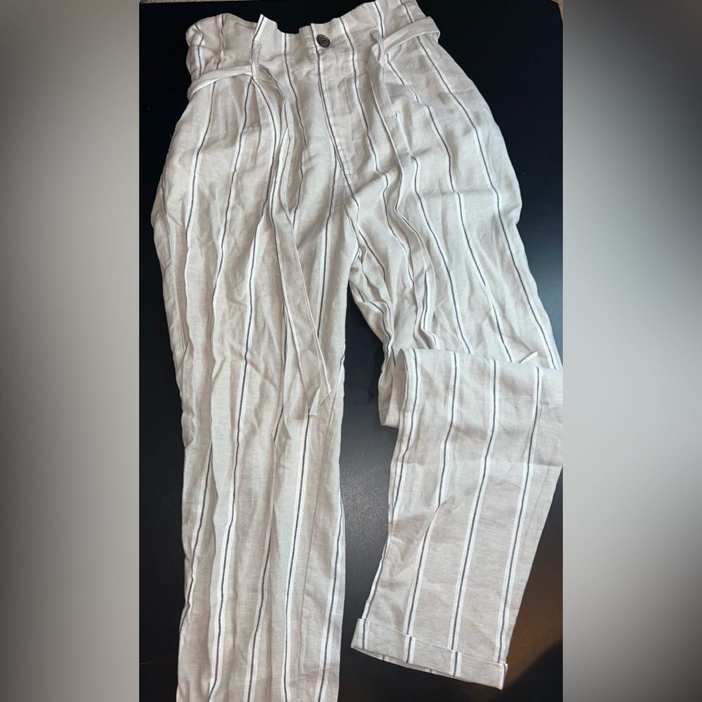 H&M LOGG Linen Blend Striped Cuffed Hem Pants Size 4 EUC